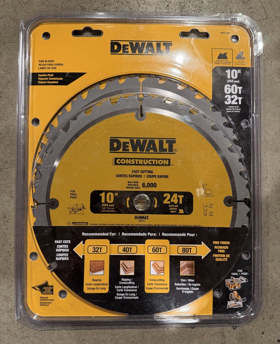 DEWALT 10-Inch Miter Saw Blades/Table Saw Blades, 2-Blade Combo, 60-Tooth & 32-Tooth Pack DW3106P5 Brand New, Never Opened