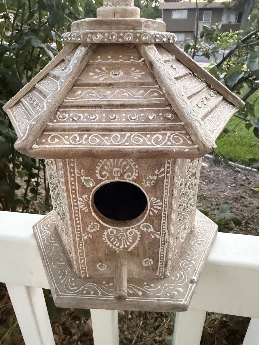 Ornate Hand-Painted Wooden Decorative Birdhouse with Rhinestone Accents