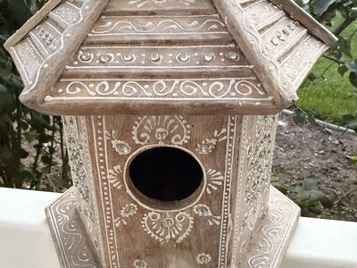 Ornate Hand-Painted Wooden Decorative Birdhouse with Rhinestone Accents