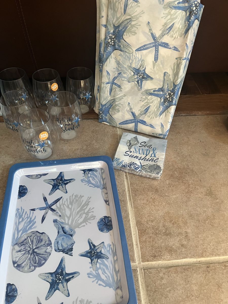 Coastal Starfish & Seashell Party Set: 6 Stemless Wine Glasses, Serving Tray, Tablecloth & Napkins