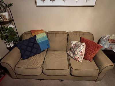 Used Three-Seater Sofa - Beige/Tan Fabric Couch with Rolled Arms (Selling to pay for school. Please see my other listings)