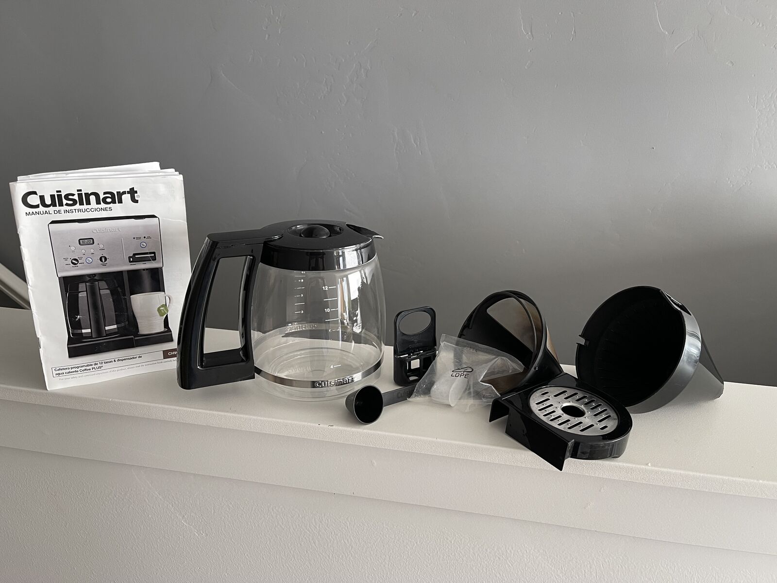 8 piece Cuisinart Model CHW-12 cup coffee/hot water maker replacement set- w/booklet, carafe, scoop, filters-$15 for all