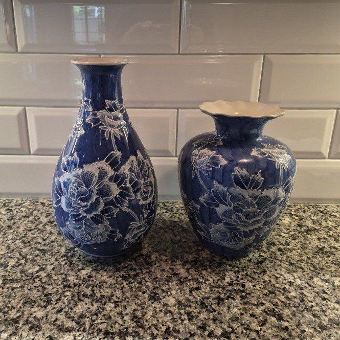 Blue and White Ceramic Floral Vases - Set of 2