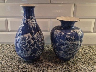 Blue and White Ceramic Floral Vases - Set of 2