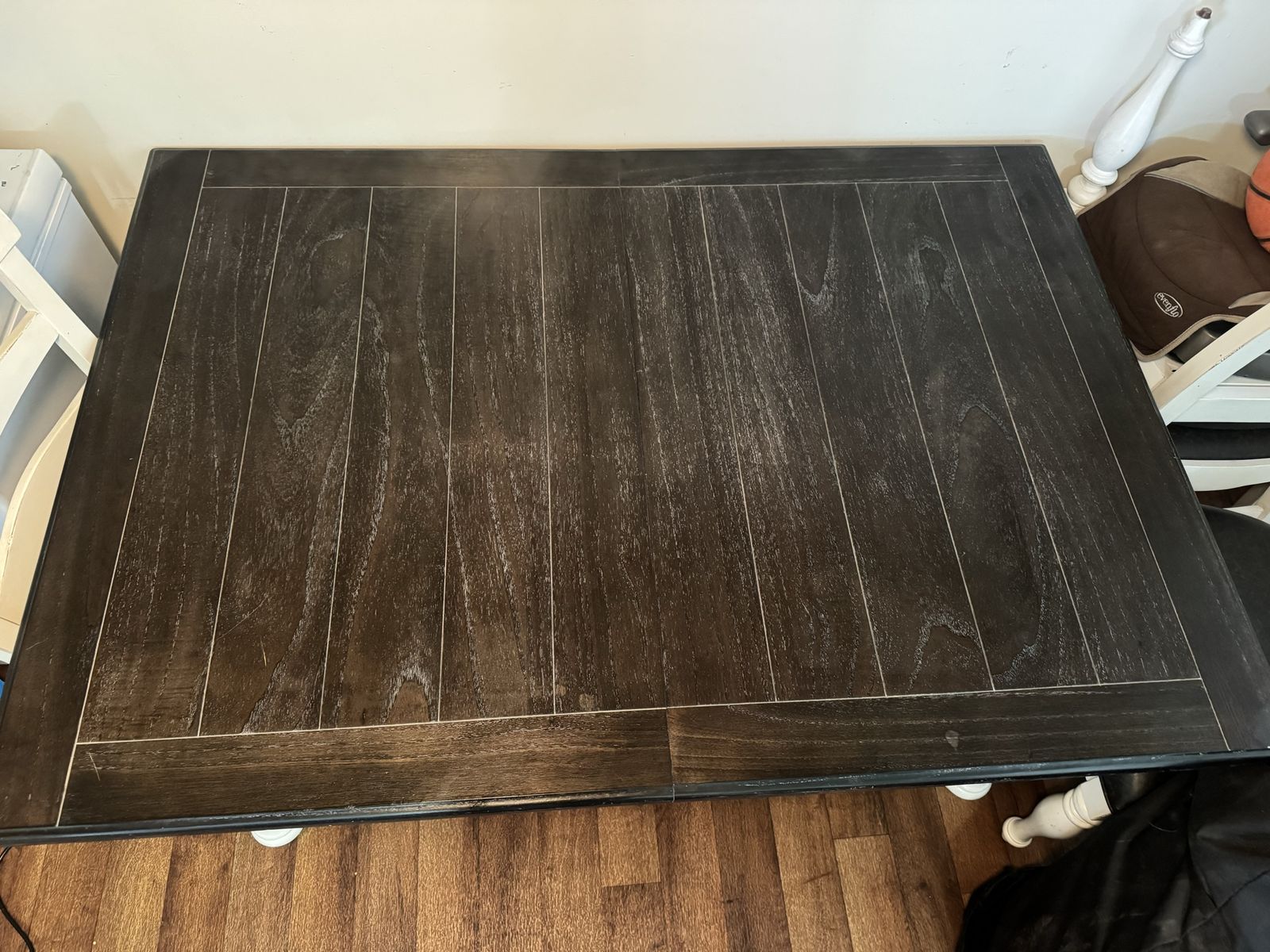 Farmhouse Style Dining Table with 6 chairs and a bench- Dark Wood Top, White Legs/Chairs, Padded Seats