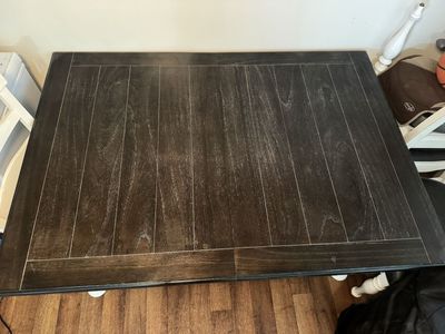 Farmhouse Style Dining Table with 6 chairs and a bench- Dark Wood Top, White Legs/Chairs, Padded Seats