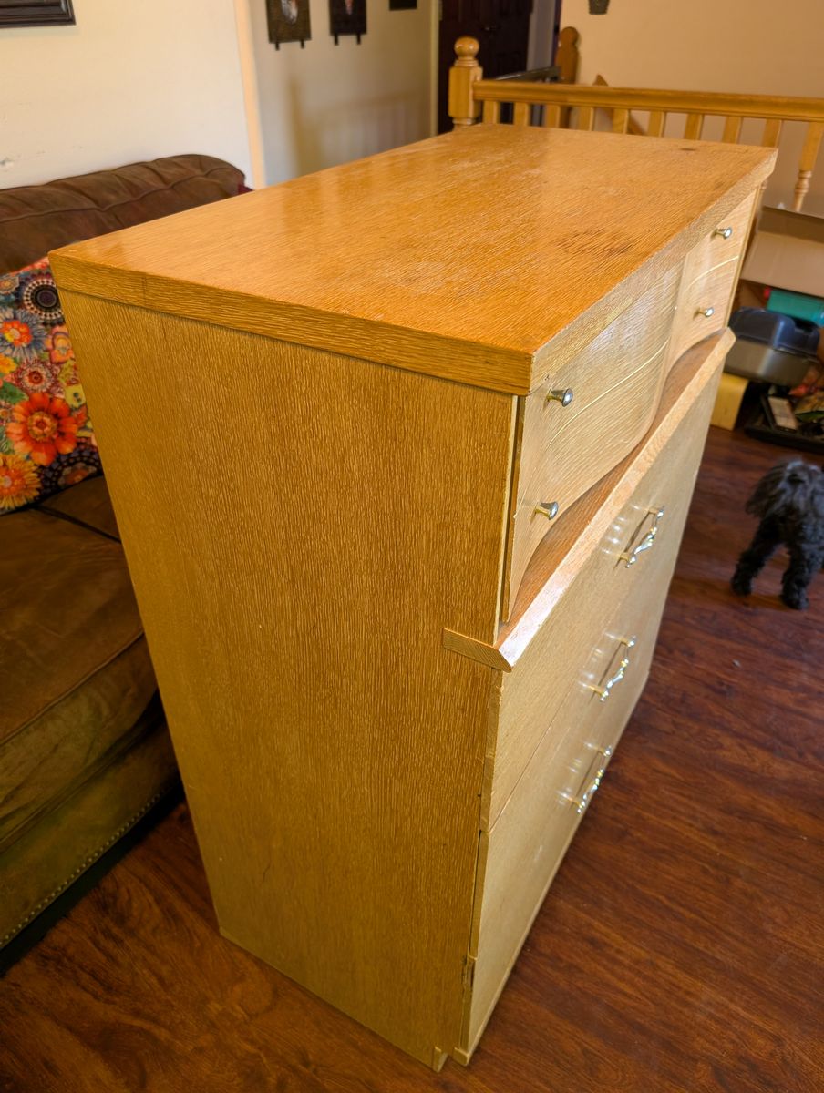 Vintage Mid-Century Modern Blonde Wood Dresser - 4 Drawer Chest with Unique Top Drawer