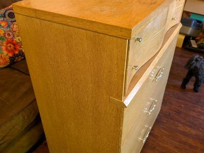 Vintage Mid-Century Modern Blonde Wood Dresser - 4 Drawer Chest with Unique Top Drawer