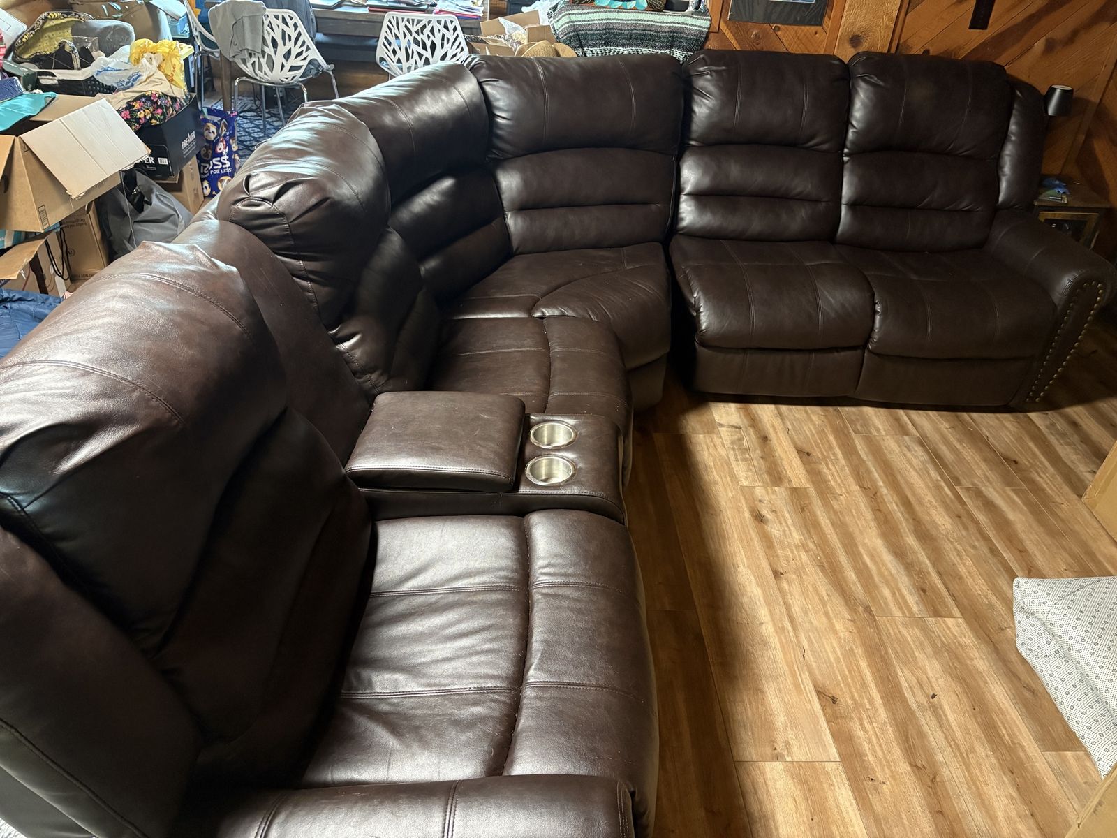 Brown Leather Reclining Sectional Sofa with Cupholders