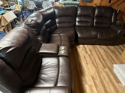 Brown Leather Reclining Sectional Sofa with Cupholders