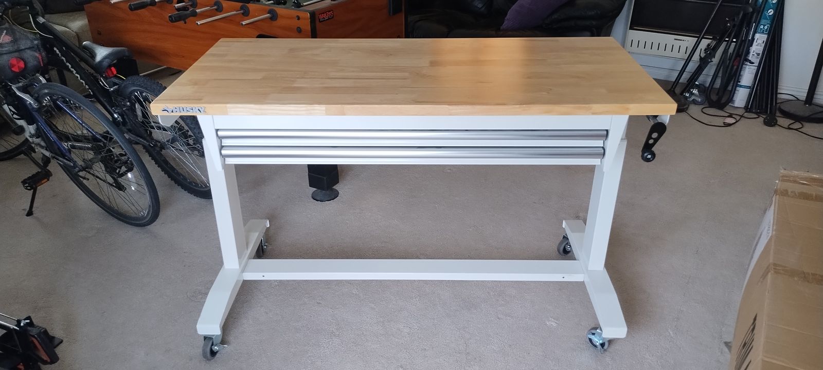 Workbench Table - Adjustable Height White - Solid Wood Top