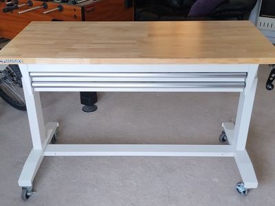 Workbench Table - Adjustable Height White - Solid Wood Top