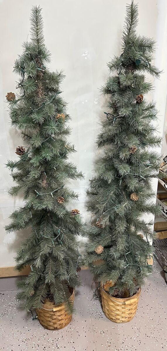 Two Decorative Pine Trees with Baskets