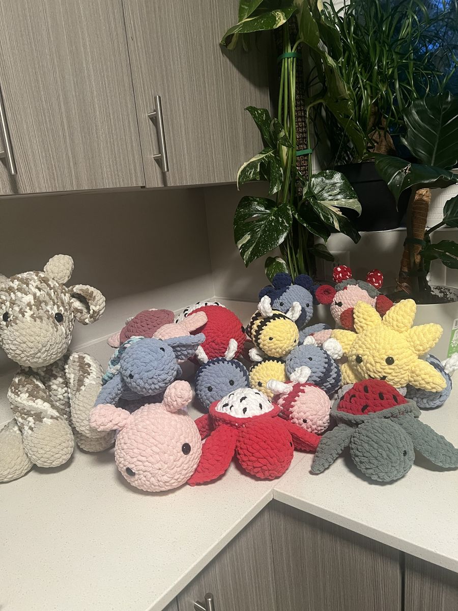 Handmade Crochet Plushies Lot - Giraffe, Bees, Turtles, Sun & Animals