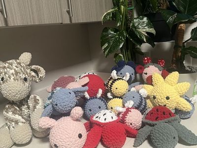 Handmade Crochet Plushies Lot - Giraffe, Bees, Turtles, Sun & Animals