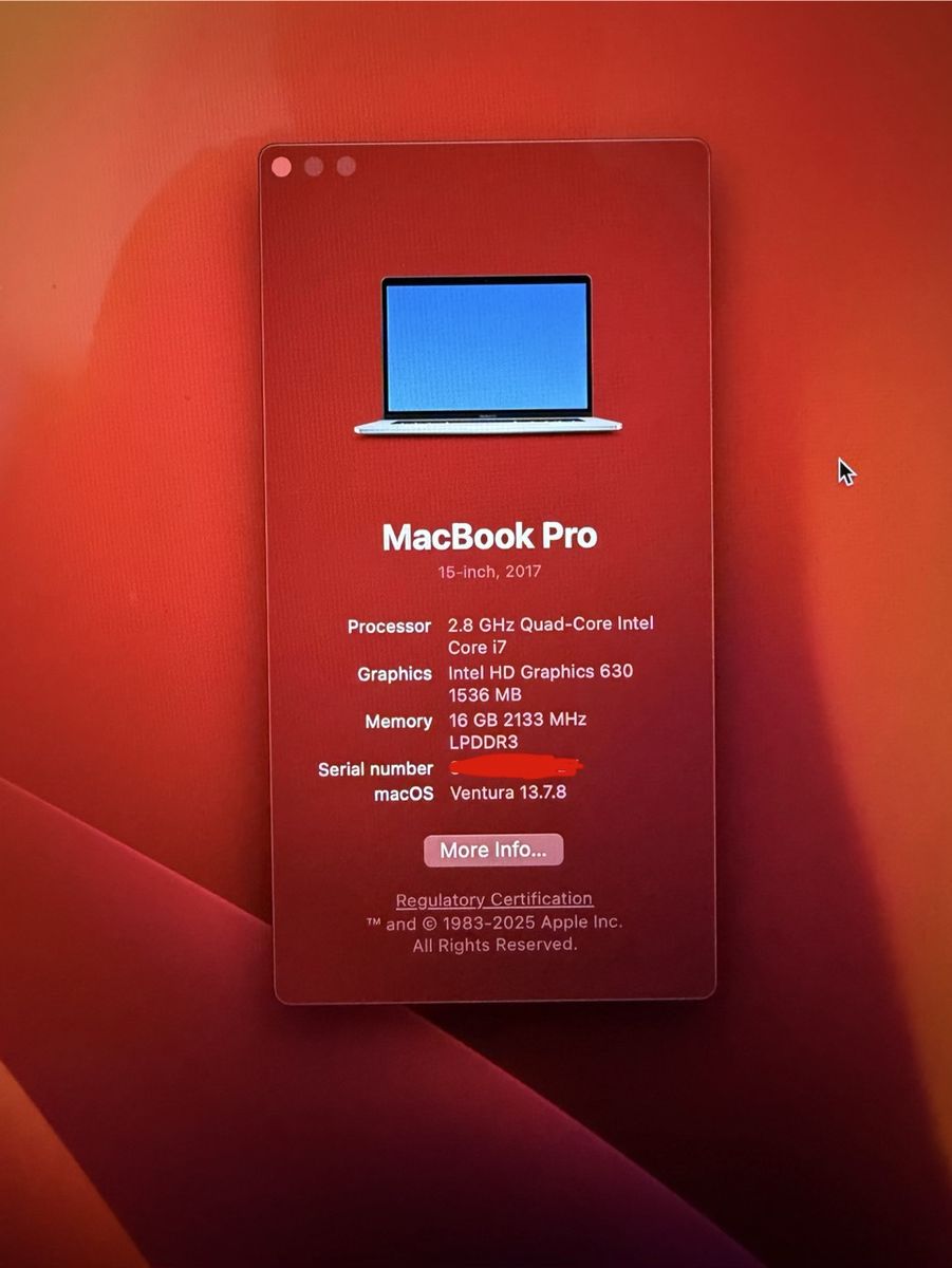 2017 MacBook Pro i7 15" 16 Gb Memory 256Gb SSD