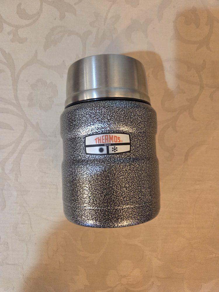 Thermos Insulated Food Jar Stainless Steel Black Speckled, 6-1/2" tall.