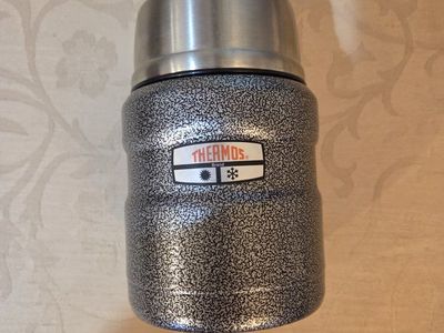 Thermos Insulated Food Jar Stainless Steel Black Speckled, 6-1/2" tall.