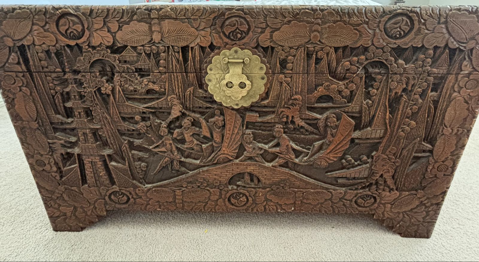 Vintage Hand-Carved Wooden Storage Chest Trunk with Intricate Asian Scenery