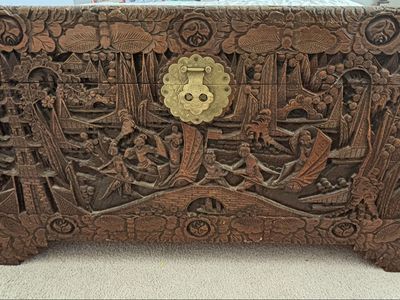 Vintage Hand-Carved Wooden Storage Chest Trunk with Intricate Asian Scenery