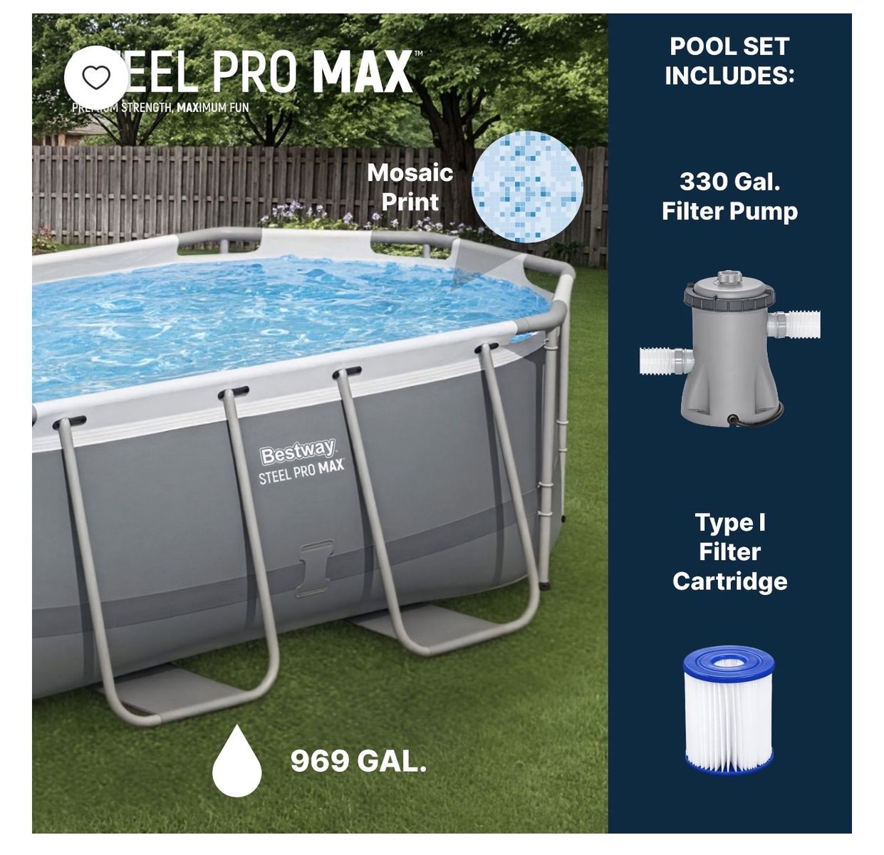 Bestway Steel Pro MAX 969 Gal Oval Above Ground Pool Set w/ Filter Pump & Cartridge
