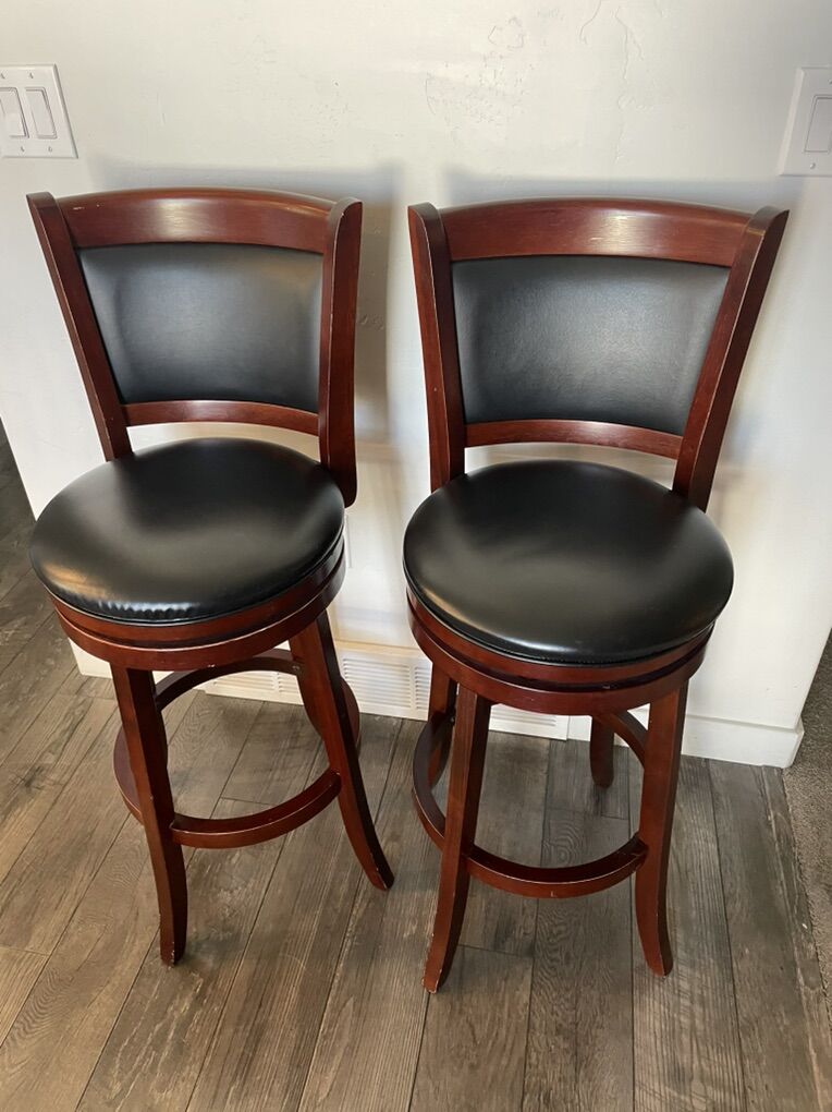 Set Of Two Dark Cherry Wood Swivel Barstool