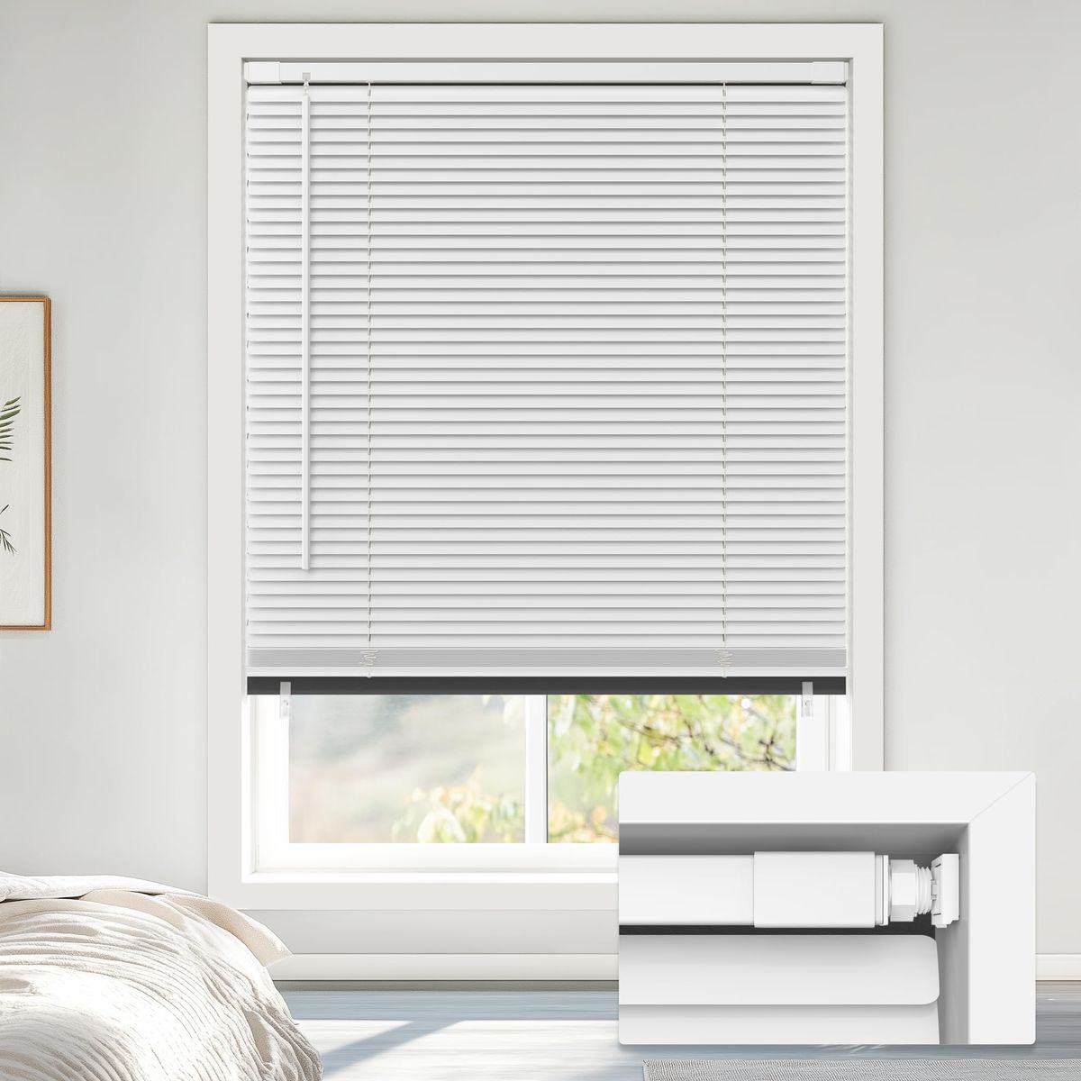New 26.5" W x 64" H LazBlinds No Tools No Drill Cordless 1" Vinyl Mini Blinds, 100% Blackout