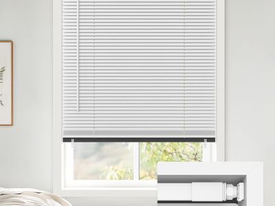 New 26.5" W x 64" H LazBlinds No Tools No Drill Cordless 1" Vinyl Mini Blinds, 100% Blackout