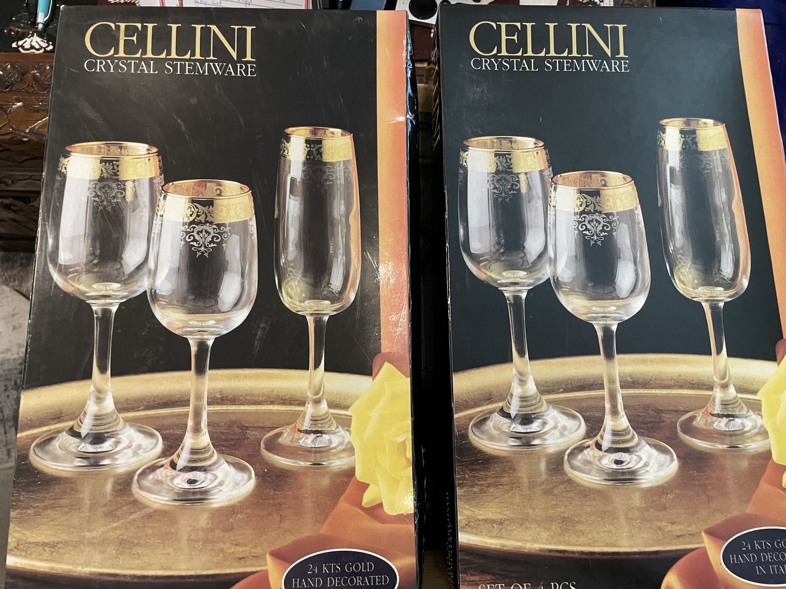 Cellini 24K Gold Hand Decorated Crystal Stemware Flute Glasses - Set of 8 New In Box