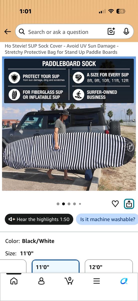 Ho Stevie! 11'0" Black/White Striped SUP Sock Cover - UV Sun Damage & Ding Protection for Paddleboards