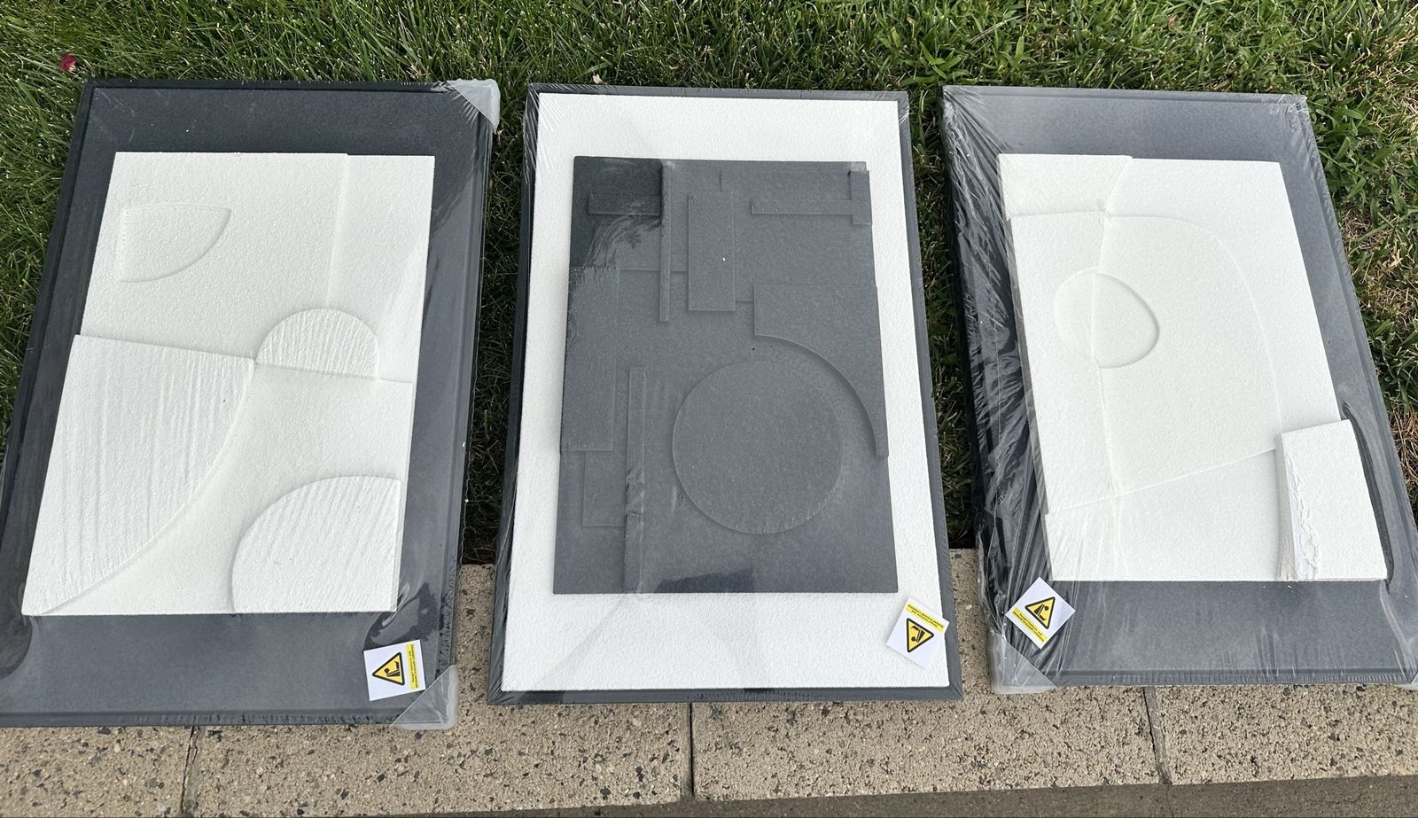 Set of 3 Modern Abstract Textured Wall Art Pieces in Black and White Frames