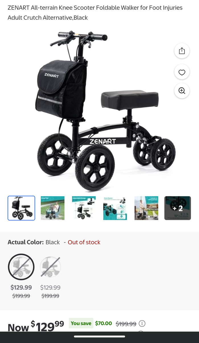 ZENART All-terrain Knee Scooter Foldable Walker for Foot Injuries Adult Crutch Alternative,Black