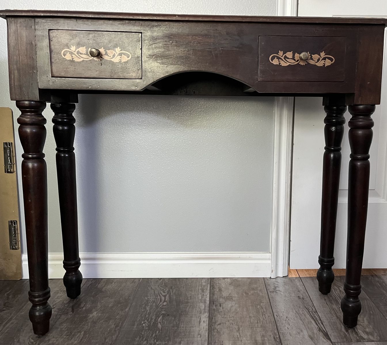 Vintage Dark Wood Console Table with Inlaid Floral Design and 2 Drawers