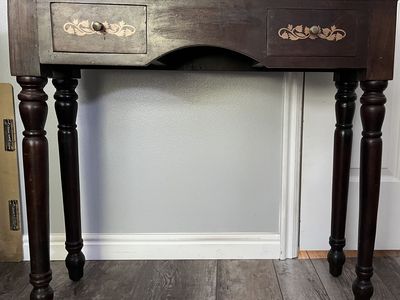 Vintage Dark Wood Console Table with Inlaid Floral Design and 2 Drawers