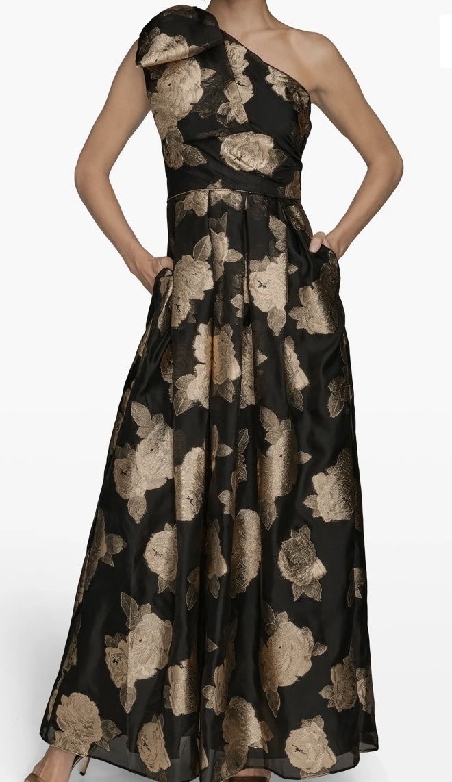 Donna Karan One Shoulder Metallic Formal Dress with a Bow on the Shoulder 