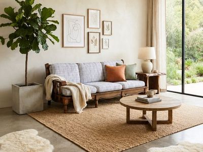 Vintage 3-Seater White & Blue Plaid Farmhouse Traditional Spindle Wood Frame Sofa w/Scalloped Apron