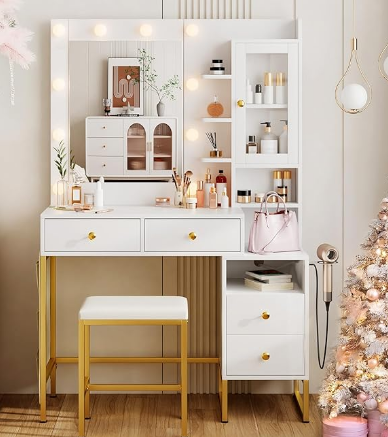 White and Gold Vanity Desk with Mirror and LED Lights & Power Outlet