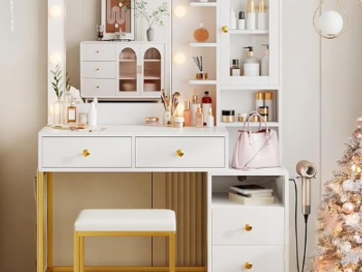 White and Gold Vanity Desk with Mirror and LED Lights & Power Outlet