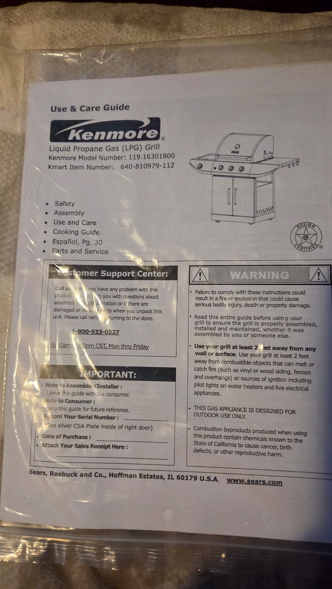 Kenmore 3-Burner LP Gas Grill with Side Burner (Model 119.16301800)