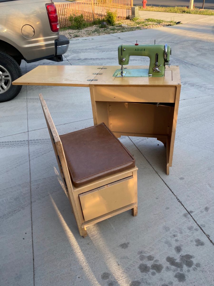 Vintage Adler 153 West German Sewing Machine in Original Cabinet with Matching Storage Bench