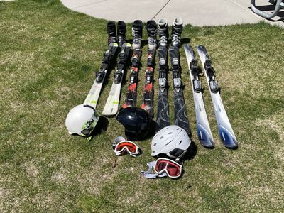 Skis, boots, poles, helmets