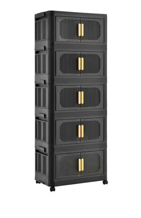 Tileon 5 Tiers Kitchen Pantry, Folding Storage Cabinet, Collapsible Storage Bins with Magnetic Door and Wheels in Black