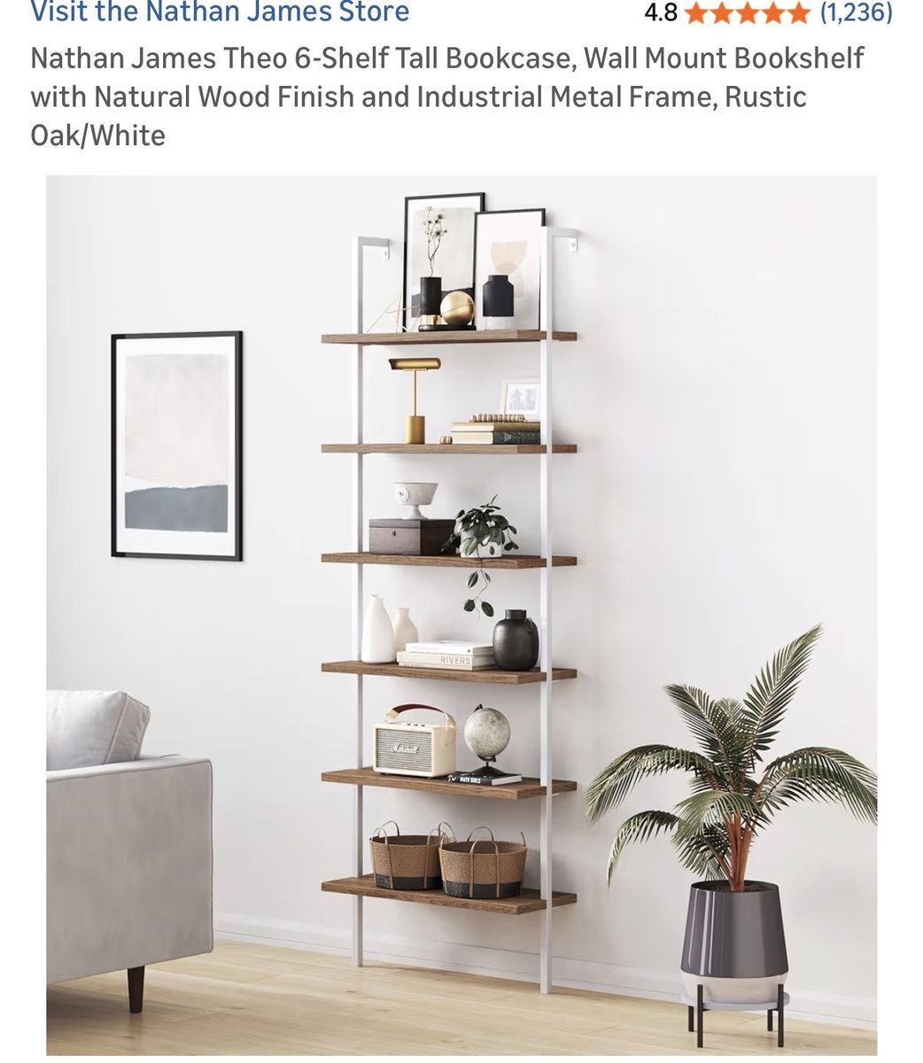 Nathan James Theo 6-Shelf Tall Wall Mount Bookcase - Rustic Oak/White Industrial Metal Frame