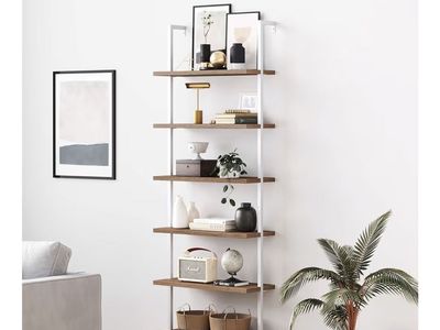 Nathan James Theo 6-Shelf Tall Wall Mount Bookcase - Rustic Oak/White Industrial Metal Frame