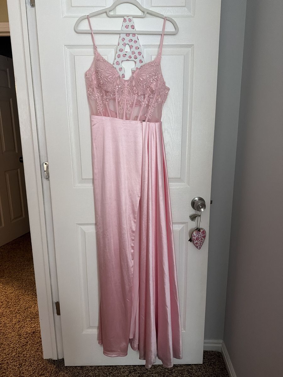 Elegant Pink Lace & Satin Gown/Maxi Dress with Slit - Perfect for Formal Occasions, Size S