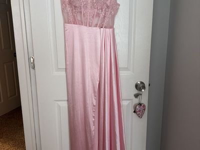 Elegant Pink Lace & Satin Gown/Maxi Dress with Slit - Perfect for Formal Occasions, Size S
