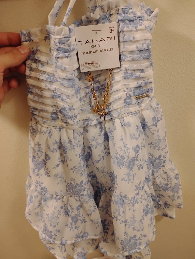 Tahari Girl Blue Floral Ruffle Dress with Bracelet - Ages 3+
