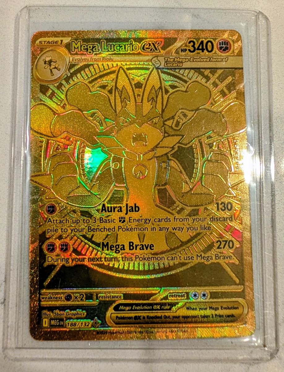 Pokemon Gold Card Mega Lucario EX 188/132 340 HP - Collectible Trading Card Game