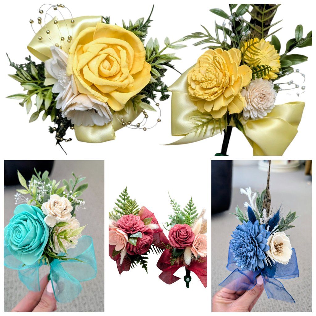 Custom made Corsage and Boutonniere's, soft wood flower high school dance flowers, prom corsage, homecoming flower, sweethearts