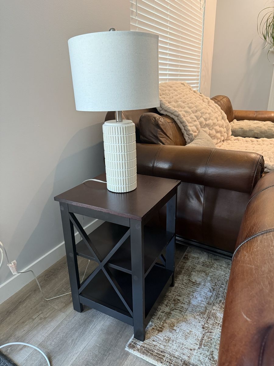 3 Dark Wood End Tables + lamp